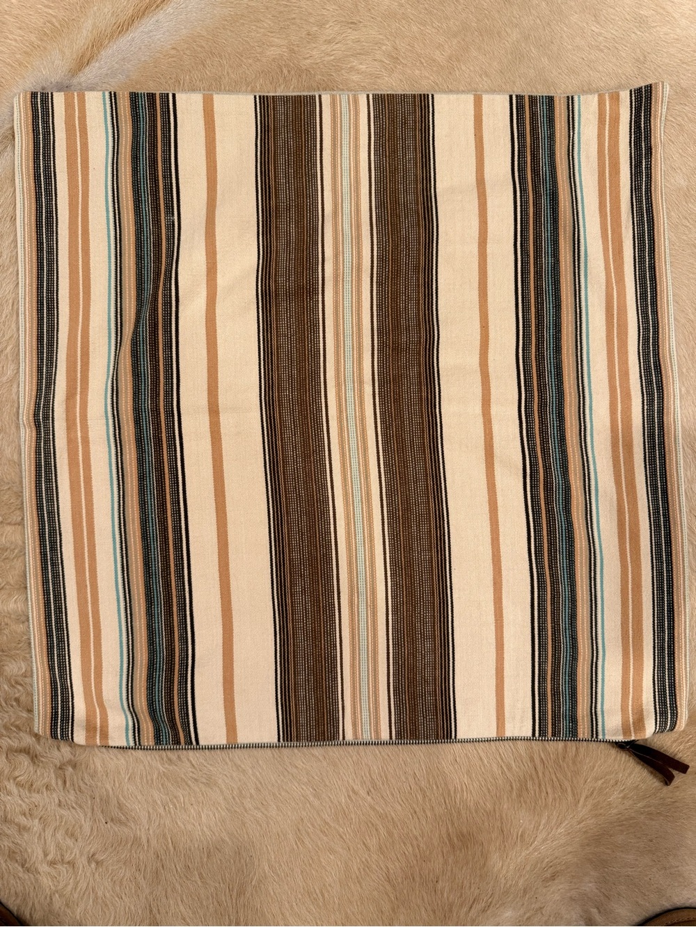 Pottery Barn Striped Cotton Pillow Cover in Brown, Cream, Teal